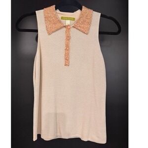 Sigrid Olsen Womens Cream Peach Silk Beaded Sleeveless Polo Top MEDIUM Silk